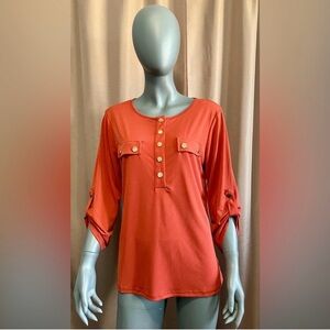 NWT NY Collection Women's Medium 3/4 Roll Tab Burnt Orange Blouse